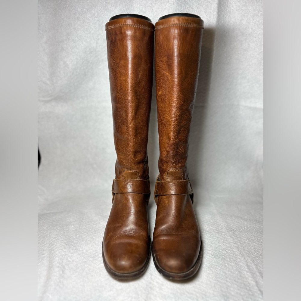 Frye Cognac Leather Phillip Harness Tall Back Zipper Boots